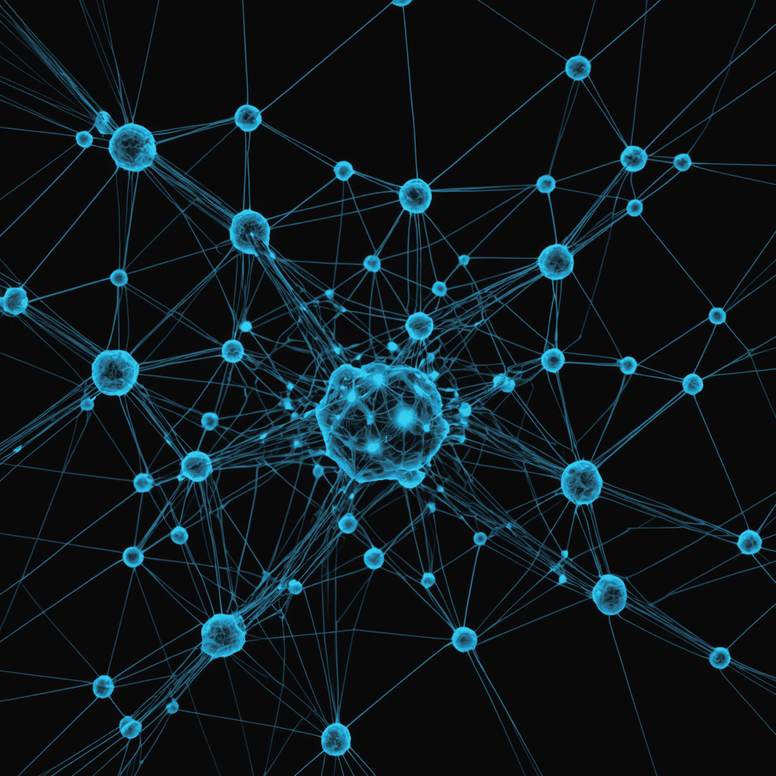 Wizualizacja sieci neuronowej reprezentująca zaawansowane algorytmy AI, z połączonymi węzłami świecącymi na niebiesko na czarnym tle